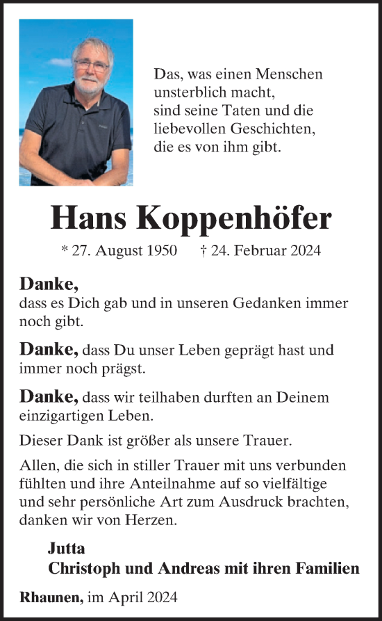 Traueranzeige von Hans Koppenhöfer von WochenSpiegel