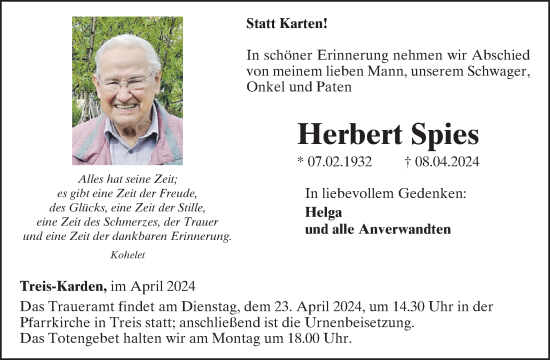 Traueranzeige von Herbert Spies von WochenSpiegel