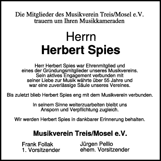 Traueranzeige von Herbert Spies von WochenSpiegel