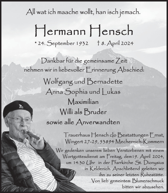 Traueranzeige von Hermann Hensch von WochenSpiegel