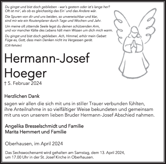 Traueranzeige von Hermann-Josef Hoeger von WochenSpiegel