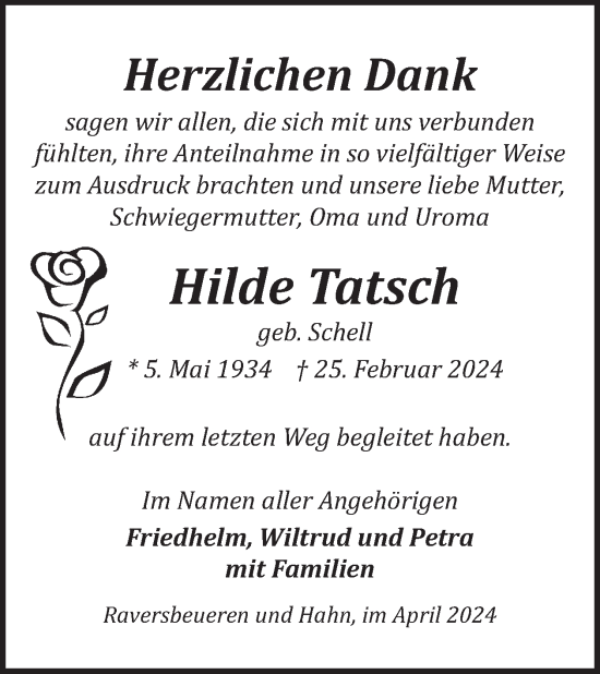 Traueranzeige von Hilde Tatsch von WochenSpiegel