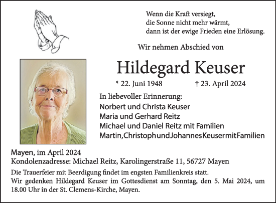 Traueranzeige von Hildegard Keuser von WochenSpiegel