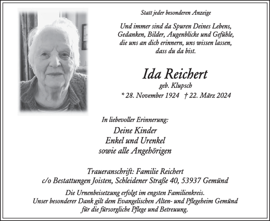 Traueranzeige von Ida Reichert von WochenSpiegel