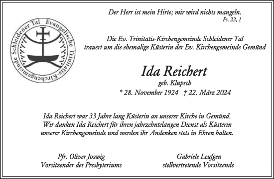 Traueranzeige von Ida Reichert von WochenSpiegel