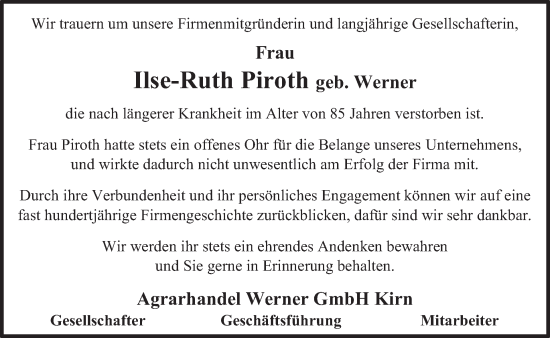 Traueranzeige von Ilse-Ruth Piroth von WochenSpiegel