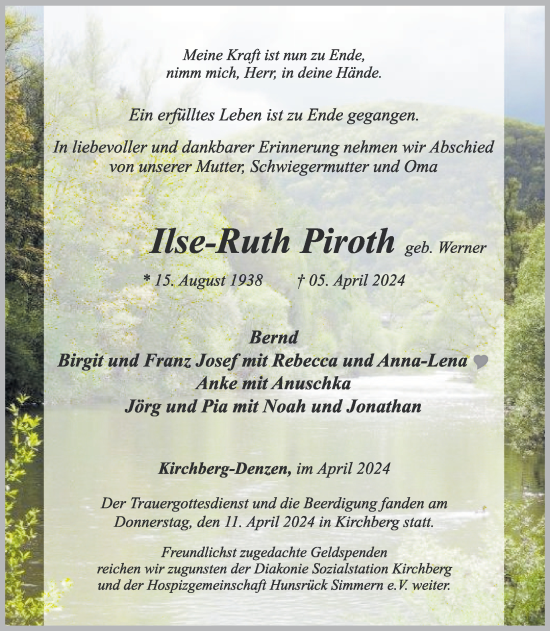 Traueranzeige von Ilse-Ruth Piroth von WochenSpiegel