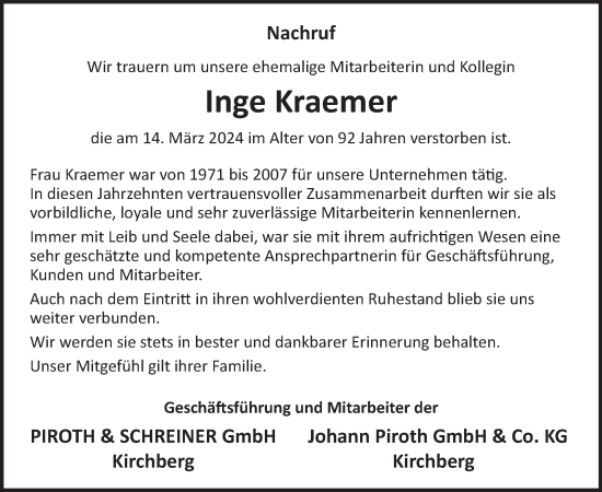 Traueranzeige von Inge Kraemer von WochenSpiegel