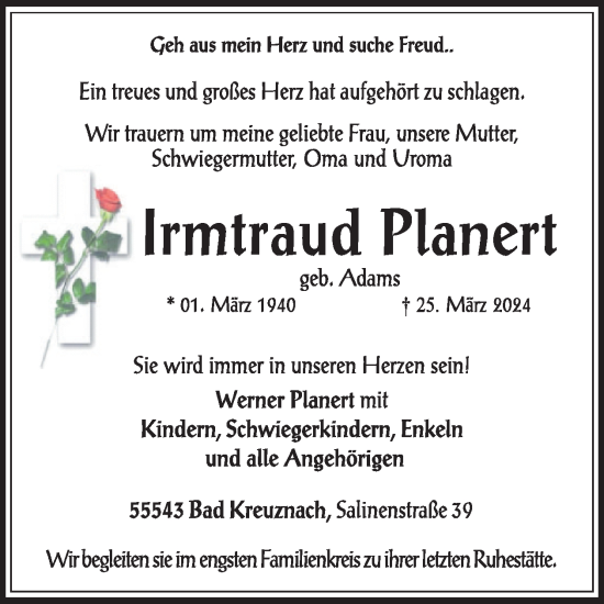 Traueranzeige von Irmtraud Planert von WochenSpiegel