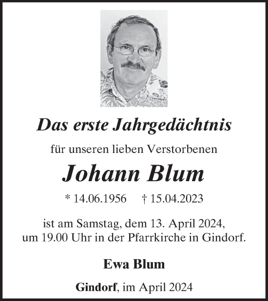 Traueranzeige von Johann Blum von WochenSpiegel