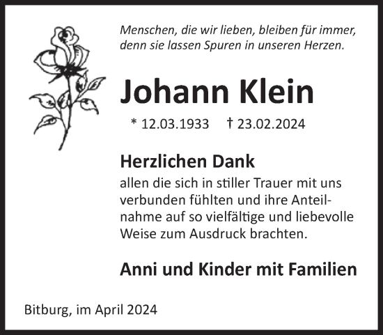 Traueranzeige von Johann Klein von WochenSpiegel