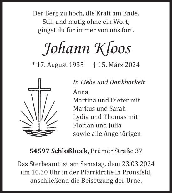 Traueranzeige von Johann Kloos von WochenSpiegel