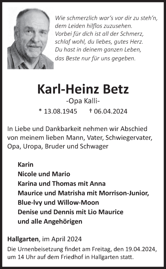 Traueranzeige von Karl-Heinz Betz von WochenSpiegel