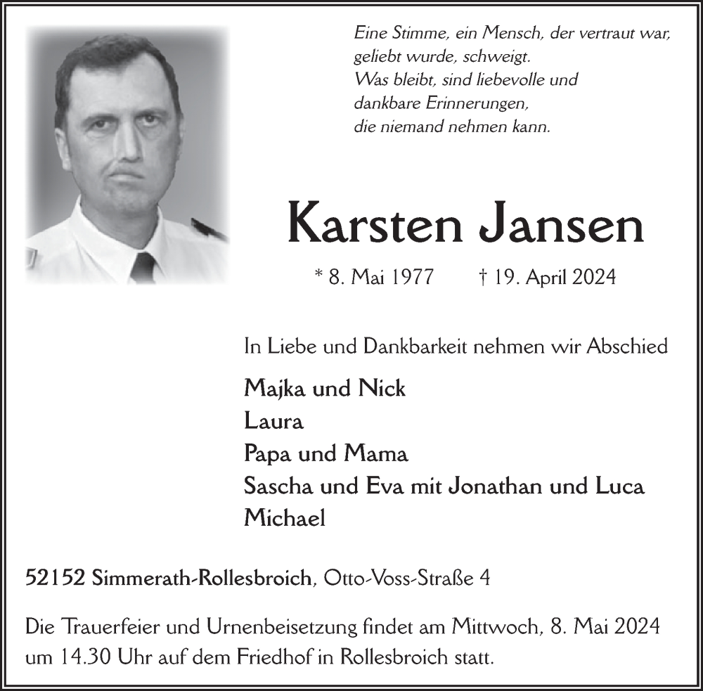  Traueranzeige für Karsten Jansen vom 24.04.2024 aus WochenSpiegel