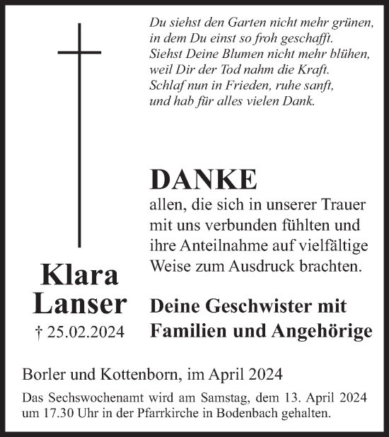 Traueranzeige von Klara Lanser von WochenSpiegel