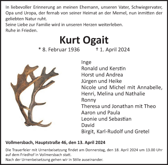Traueranzeige von Kurt Ogait von WochenSpiegel