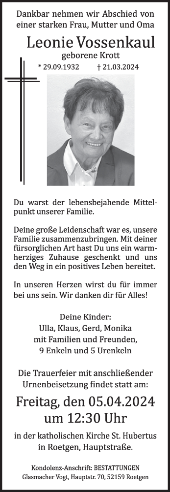 Traueranzeige von Leoenie Vossenkaul von WochenSpiegel