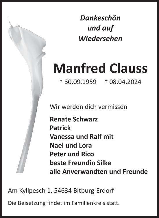 Traueranzeige von Manfred Clauss von WochenSpiegel