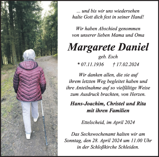 Traueranzeige von Margarete Daniel von WochenSpiegel