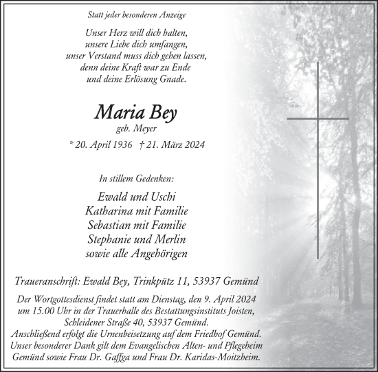 Traueranzeige von Maria Bey von WochenSpiegel