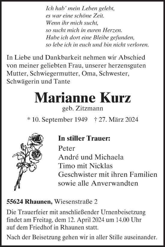 Traueranzeige von Marianne Kurz von WochenSpiegel