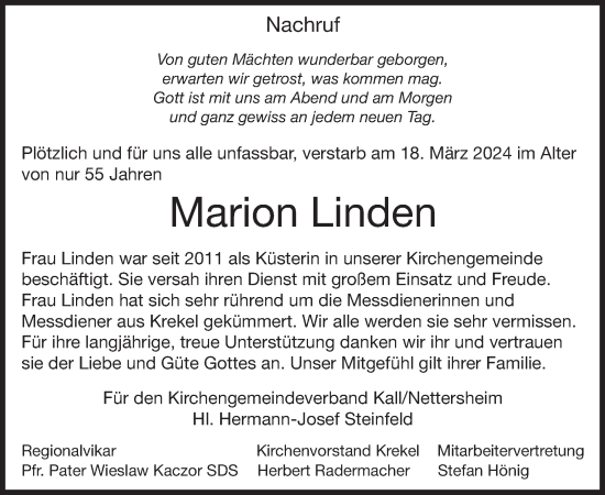 Traueranzeige von Marion Linden von WochenSpiegel