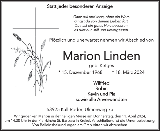 Traueranzeige von Marion Linden von WochenSpiegel