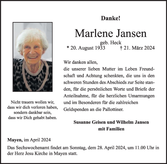 Traueranzeige von Marlene Jansen  von WochenSpiegel