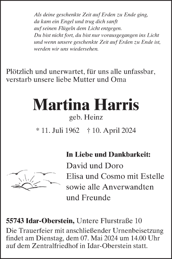 Traueranzeige von Martina Harris von WochenSpiegel