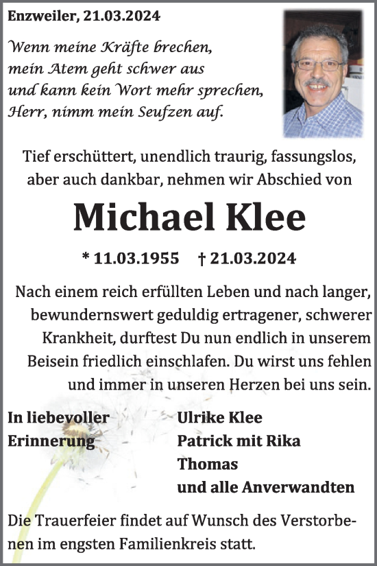 Traueranzeige von Michael Klee von WochenSpiegel