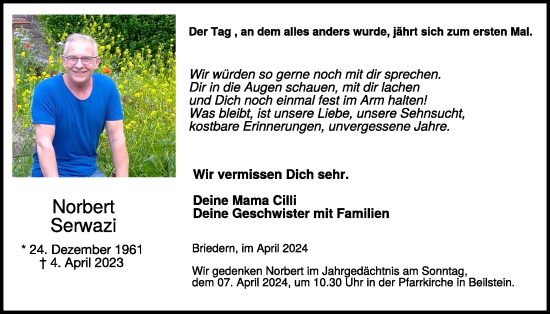 Traueranzeige von Norbert Serwazi von WochenSpiegel