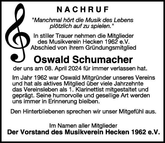 Traueranzeige von Oswald Schumacher von WochenSpiegel