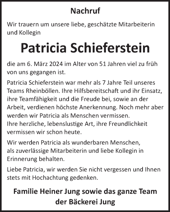 Traueranzeige von Patricia Schieferstein von WochenSpiegel