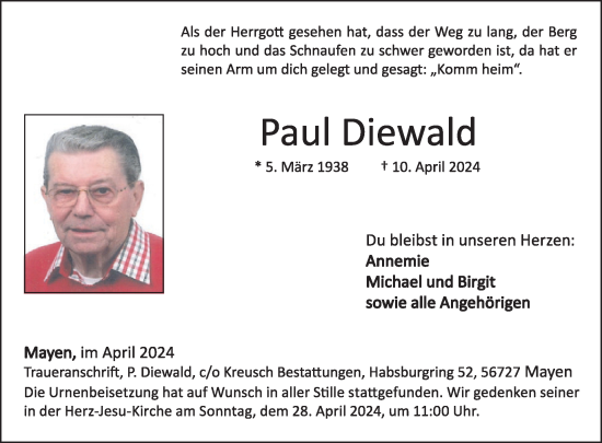 Traueranzeige von Paul Diewald von WochenSpiegel