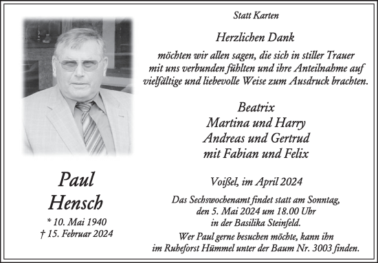 Traueranzeige von Paul Hensch von WochenSpiegel