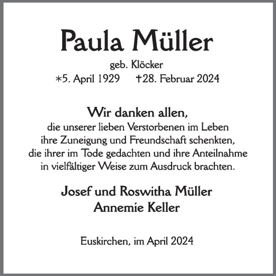 Traueranzeige von Paula Müller von WochenSpiegel