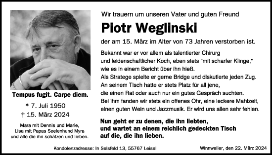 Traueranzeige von Piotr Weglinski von WochenSpiegel