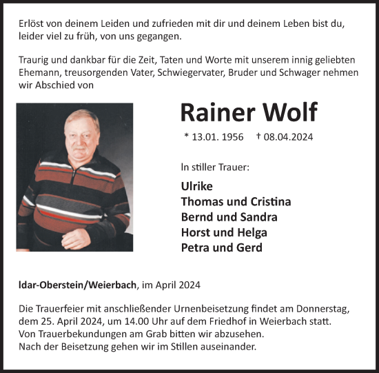 Traueranzeige von Rainer Wolf von WochenSpiegel