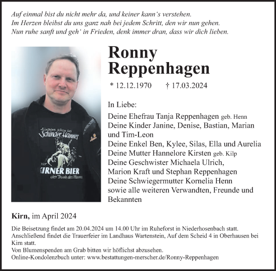 Traueranzeige von Ronny Reppenhagen von WochenSpiegel