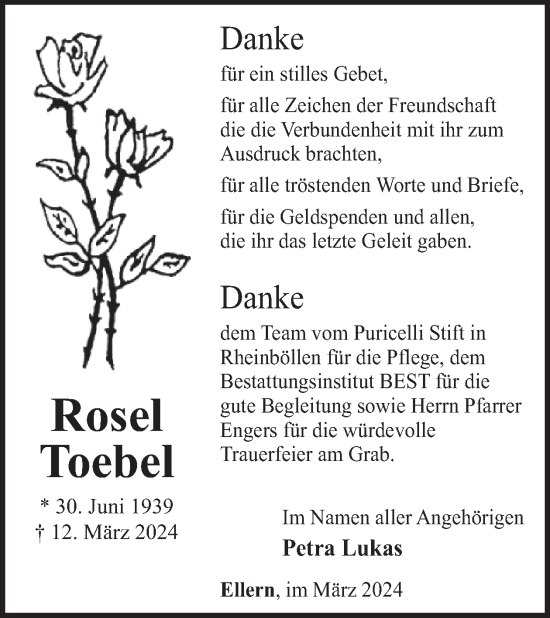 Traueranzeige von Rosel Toebel von WochenSpiegel