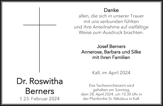 Traueranzeige von Roswitha Berners von WochenSpiegel