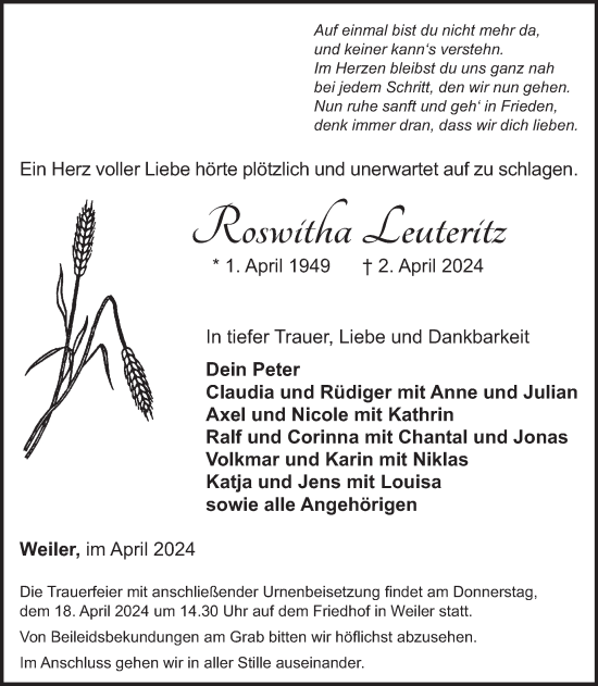 Traueranzeige von Roswitha Leuteritz von WochenSpiegel