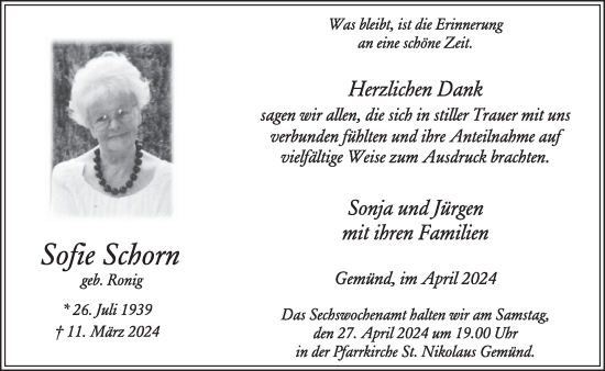 Traueranzeige von Sofie Schorn von WochenSpiegel