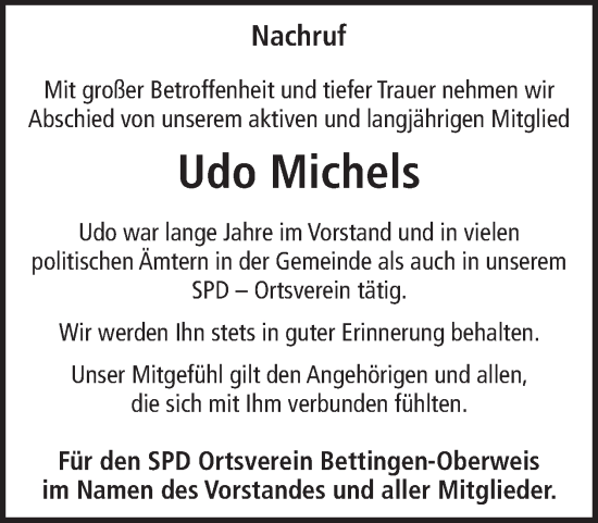 Traueranzeige von Udo Michels von WochenSpiegel