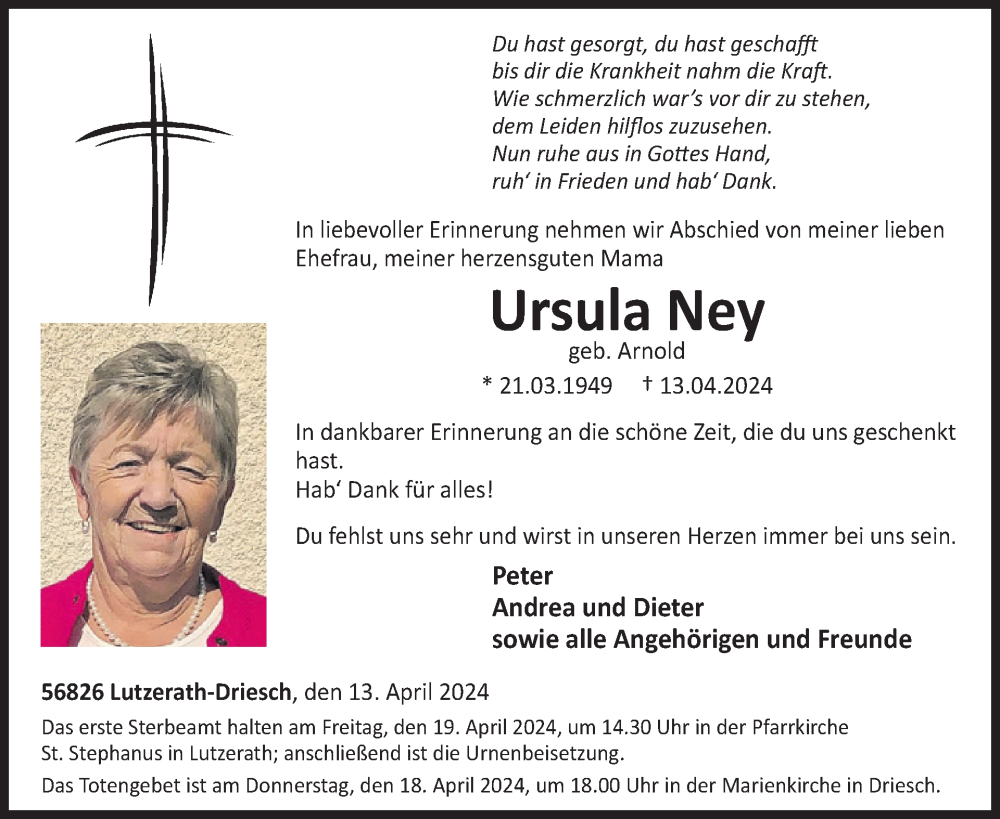  Traueranzeige für Ursula Ney vom 17.04.2024 aus WochenSpiegel
