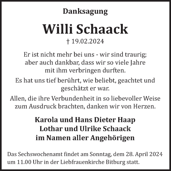 Traueranzeige von Willi Schaack von WochenSpiegel