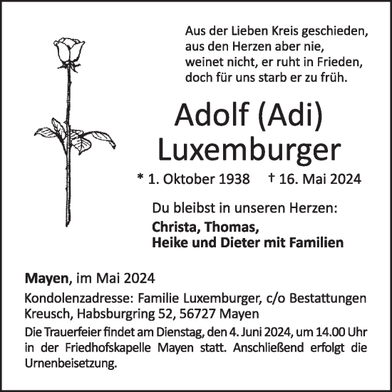 Traueranzeige von Adolf Luxemburger von WochenSpiegel