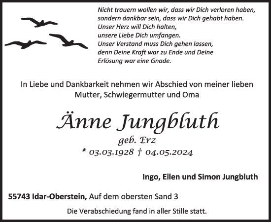 Traueranzeige von Änne Jungbluth von WochenSpiegel