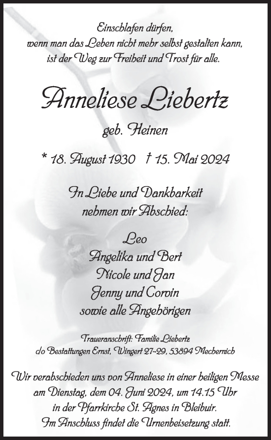 Traueranzeige von Anneliese Liebertz von WochenSpiegel