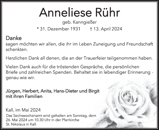 Traueranzeige von Anneliese Rühr von WochenSpiegel